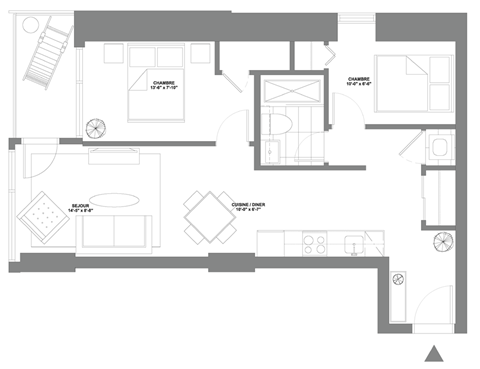 Floor plan for 2 beds, 1 bath, 682 sqft